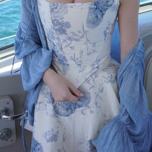 100% Linen custom made Blue Toile Corset top and Skirt